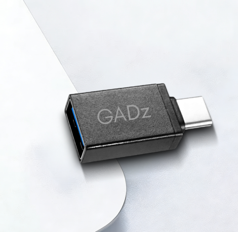 Gadz Type C to USB 2.0 OTG Adapter – sleek black USB-C male to USB-A female adapter.